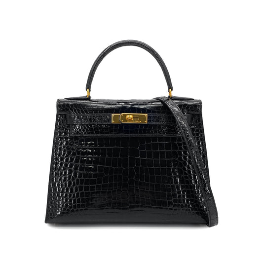 HERMES KELLY 28 SELLIER BLACK POROSUS CROCODILE HAND SHOULDER BAG □A GHW 90284872