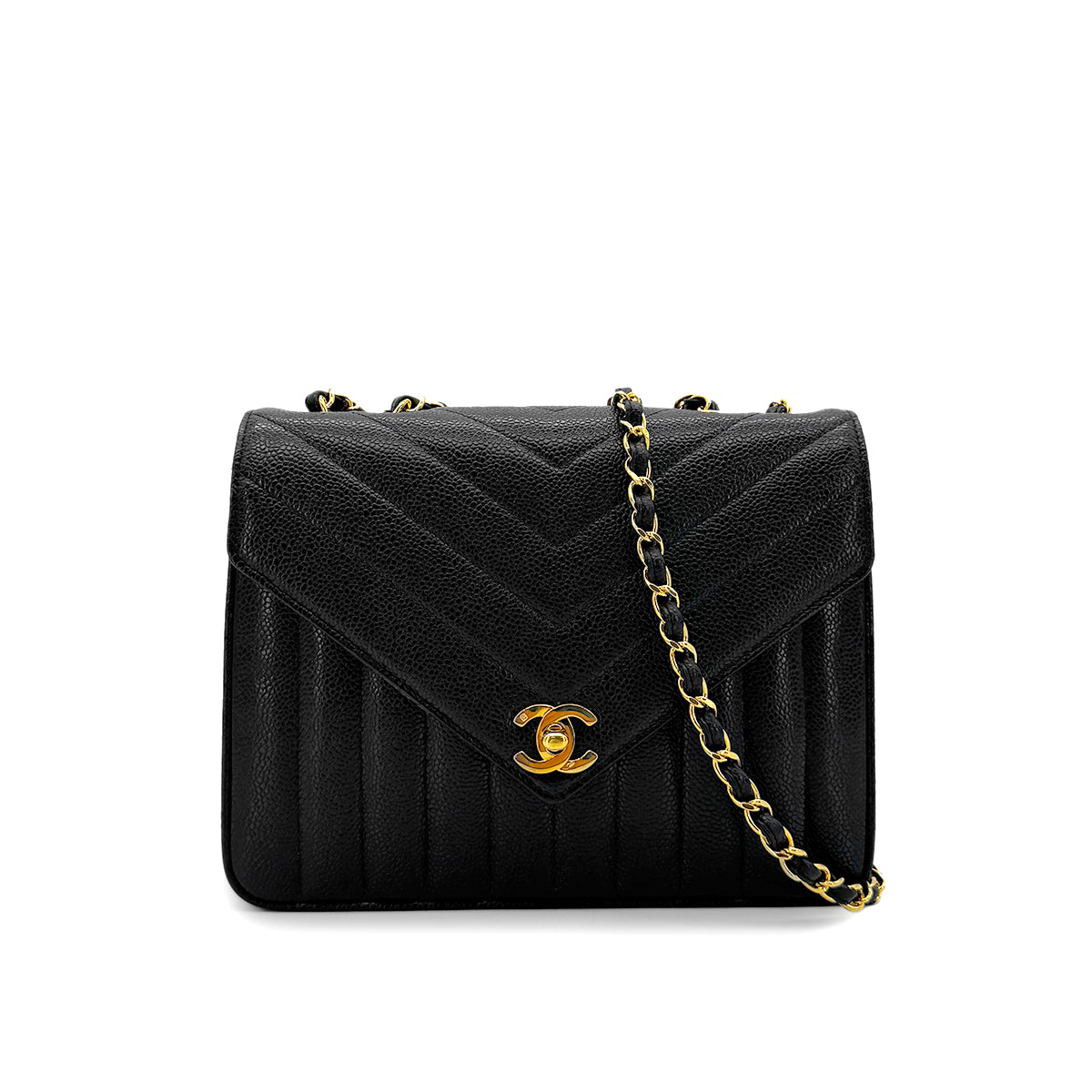 CHANEL VINTAGE V STITCH BLACK CHAIN SHOULDER BAG CAVIAR SKIN 90284876