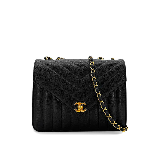 CHANEL VINTAGE V STITCH BLACK CHAIN SHOULDER BAG CAVIAR SKIN 90284876