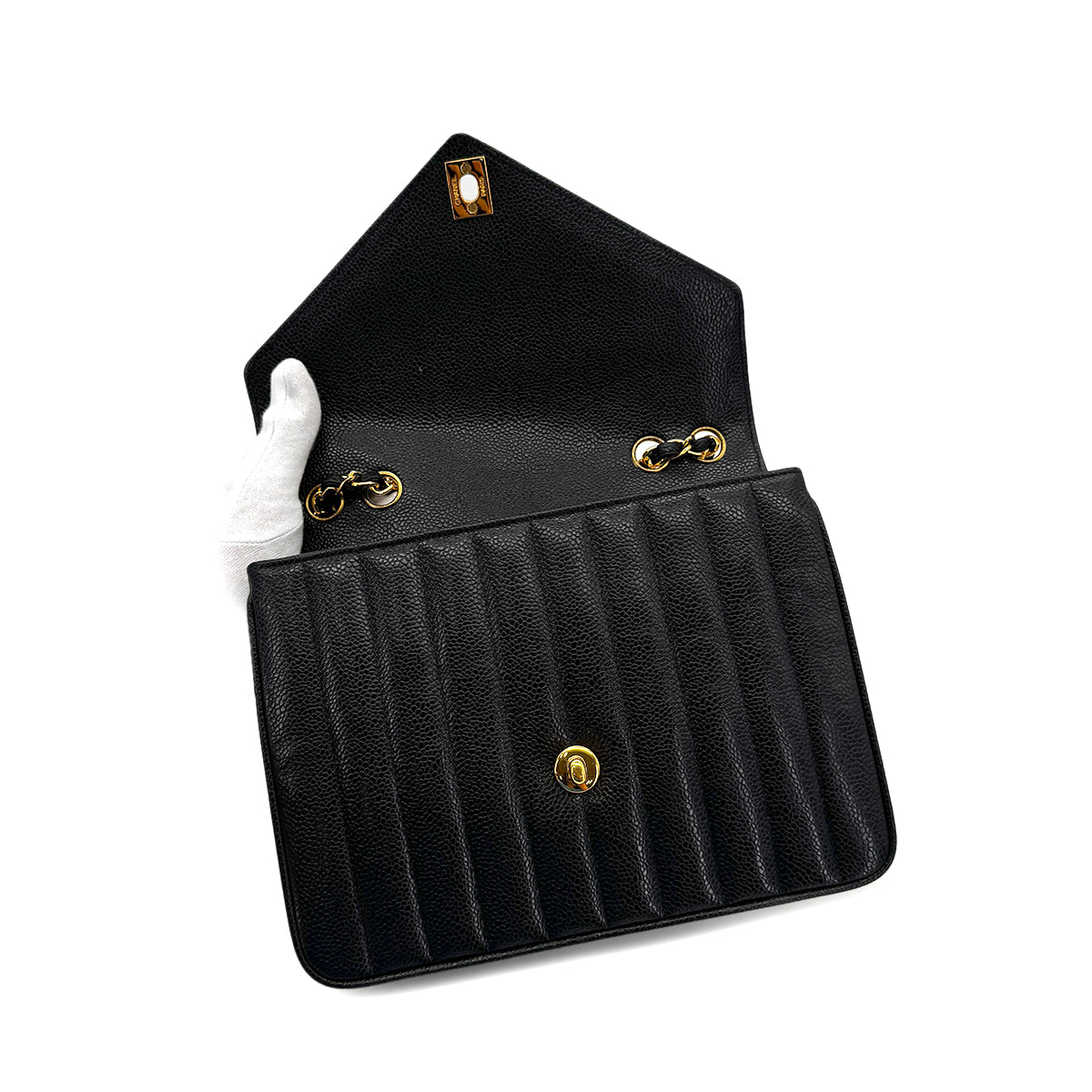 CHANEL VINTAGE V STITCH BLACK CHAIN SHOULDER BAG CAVIAR SKIN 90284876