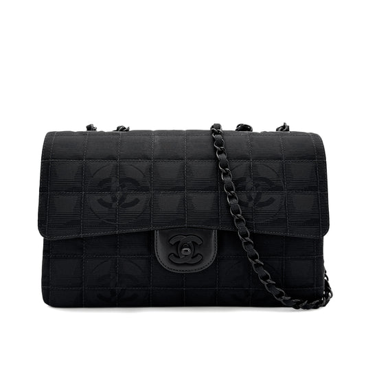 CHANEL VINTAGE NEW TRAVEL LINE EAST WEST CHOCOLATE BAR CHAIN SHOULDER BAG BLACK NYLON 90284881