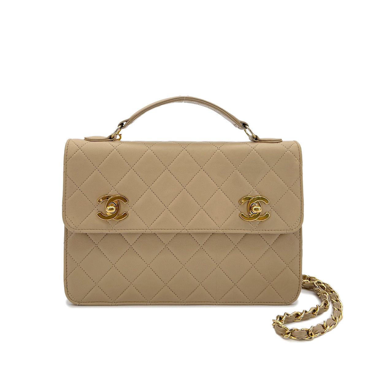 CHANEL VINTAGE DOUBLE TURN LOCK MATELASSE CHAIN SHOULDER HAND BAG BEIGE LAMB SKIN 90284883