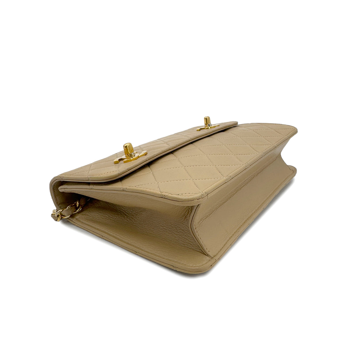 CHANEL VINTAGE DOUBLE TURN LOCK MATELASSE CHAIN SHOULDER HAND BAG BEIGE LAMB SKIN 90284883