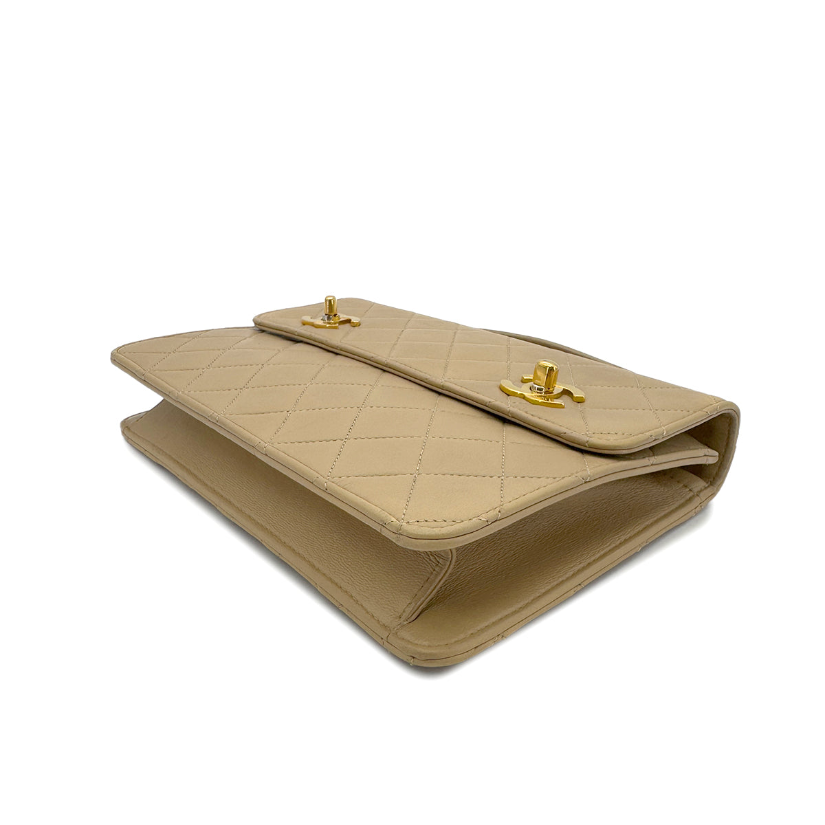 CHANEL VINTAGE DOUBLE TURN LOCK MATELASSE CHAIN SHOULDER HAND BAG BEIGE LAMB SKIN 90284883