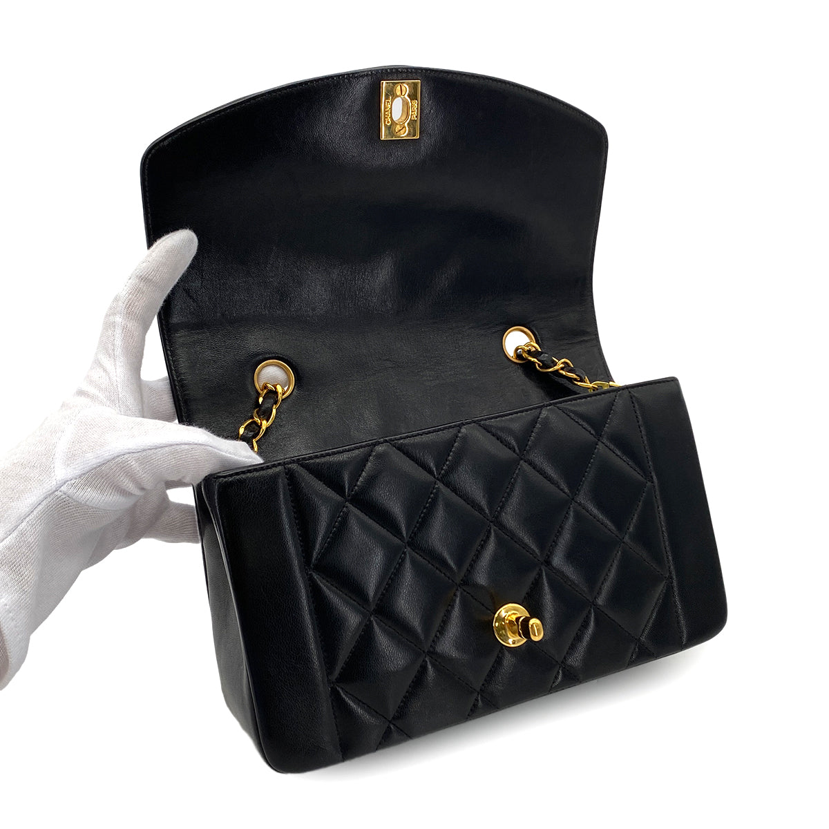 CHANEL VINTAGE DIANA SMALL CHAIN SHOULDER BAG BLACK LAMB SKIN 90284885