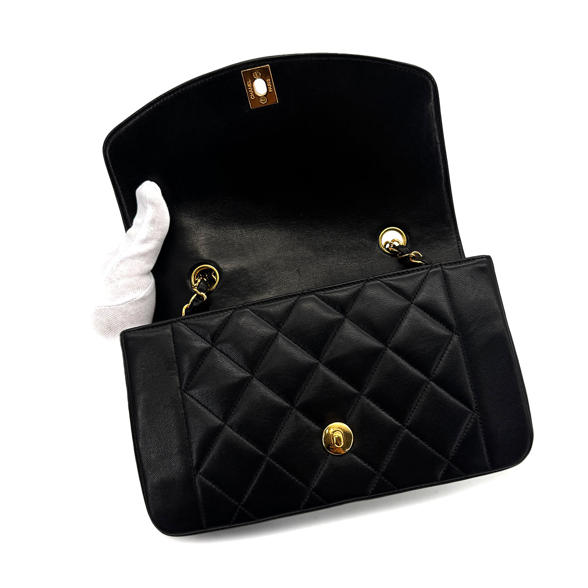 CHANEL VINTAGE DIANA SMALL CHAIN SHOULDER BAG BLACK LAMB SKIN 90284886