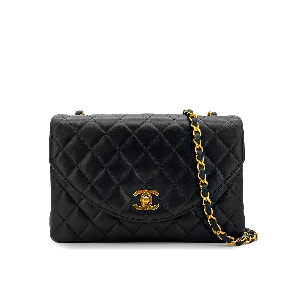 CHANEL VINTAGE MATELASSE HALF MOON CHAIN SHOULDER BAG BLACK LAMB SKIN 90284888