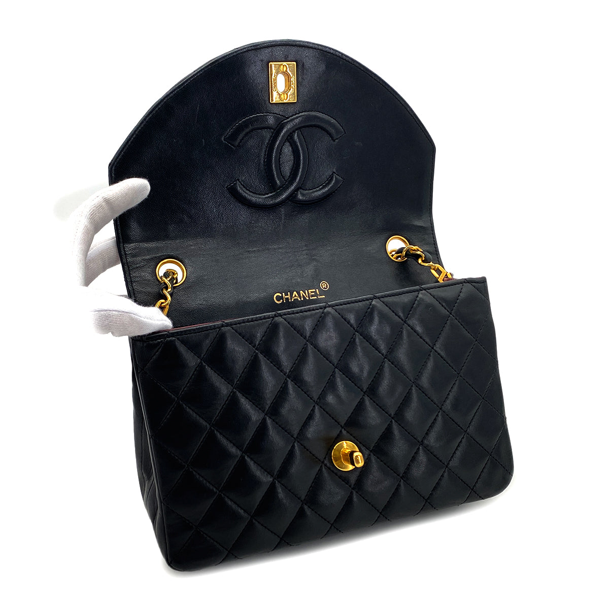 CHANEL VINTAGE MATELASSE HALF MOON CHAIN SHOULDER BAG BLACK LAMB SKIN 90284888