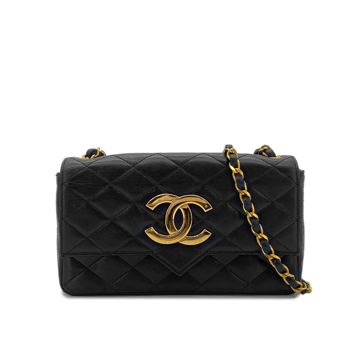 CHANEL VINTAGE MATELASSE BIG COCO CHAIN SHOULDER BAG BLACK LAMB SKIN 90284889