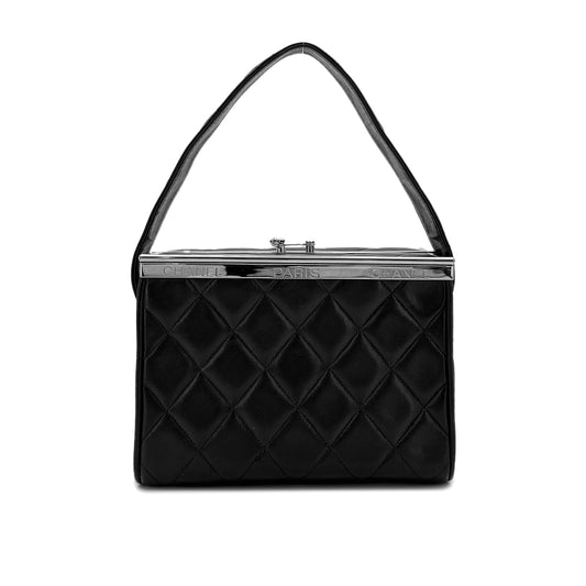 CHANEL VINTAGE VANITY LOGO COCO BUTTON HAND BAG BLACK LAMB SKIN 90284904