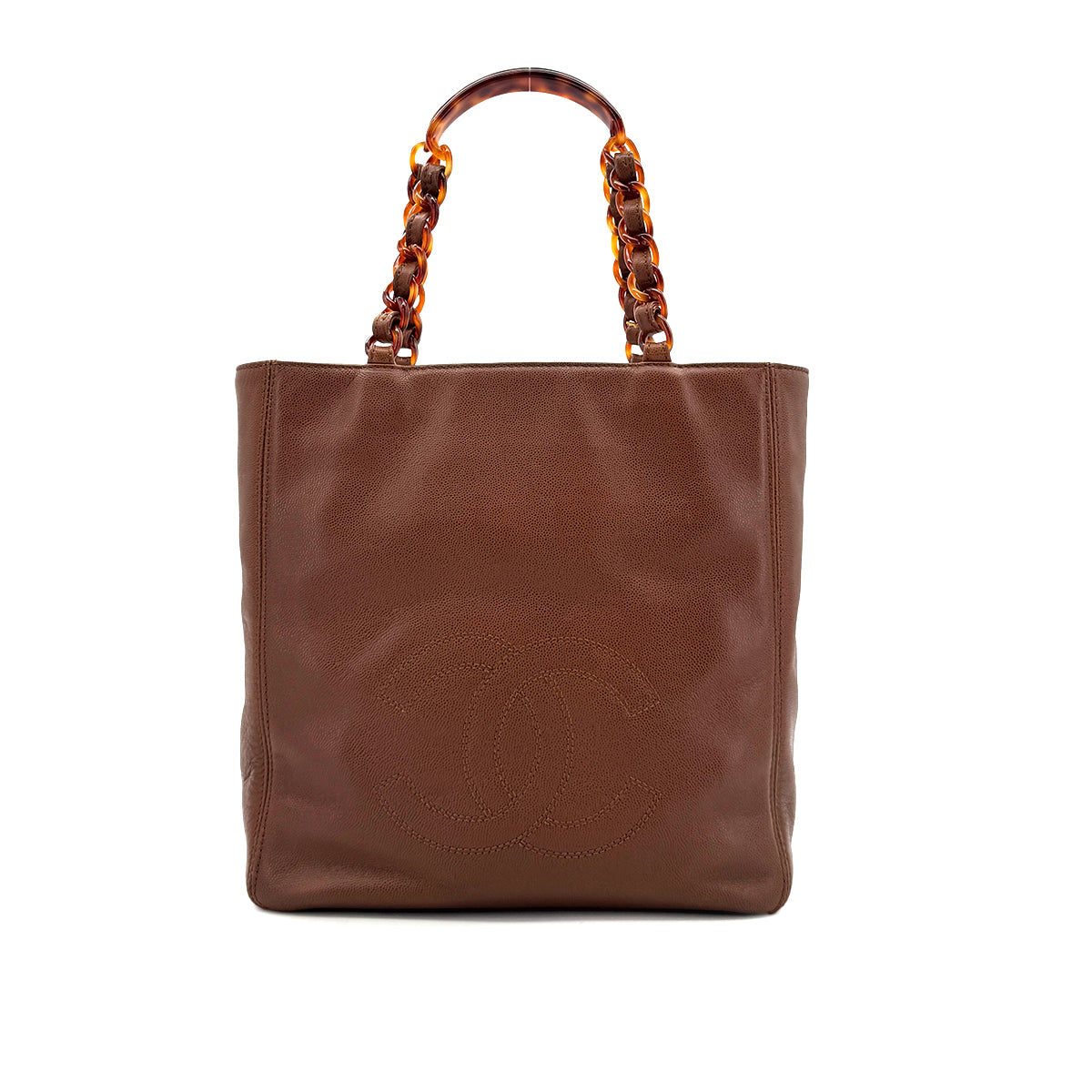 CHANEL VINTAGE BIG COCO TORTOISESHELL HANDLE CHAIN TOTE BAG BROWN LAMB SKIN 90285109