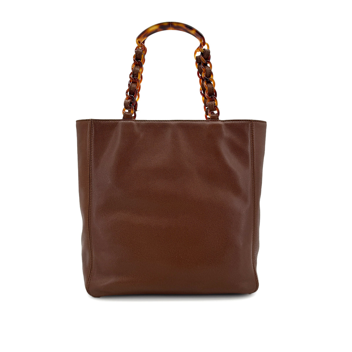 CHANEL VINTAGE BIG COCO TORTOISESHELL HANDLE CHAIN TOTE BAG BROWN LAMB SKIN 90285109