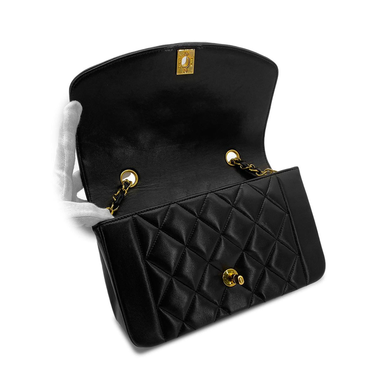 CHANEL VINTAGE DIANA SMALL CHAIN SHOULDER BAG BLACK LAMB SKIN 90285120