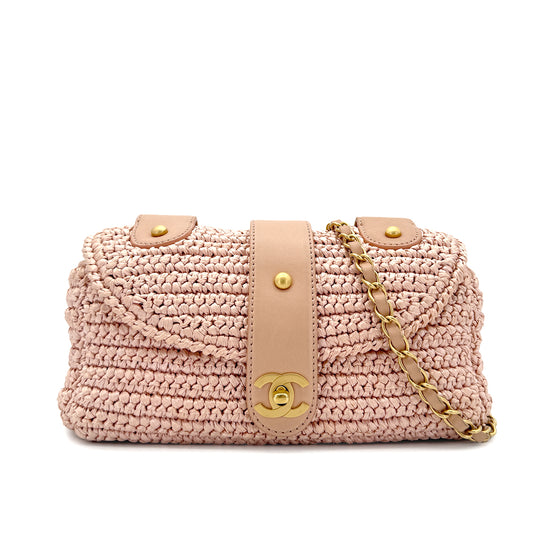 CHANEL VINTAGE COCOMARK HALF MOON RAFFIA CHAIN SHOULDER BAG PINK STRAW 90285129