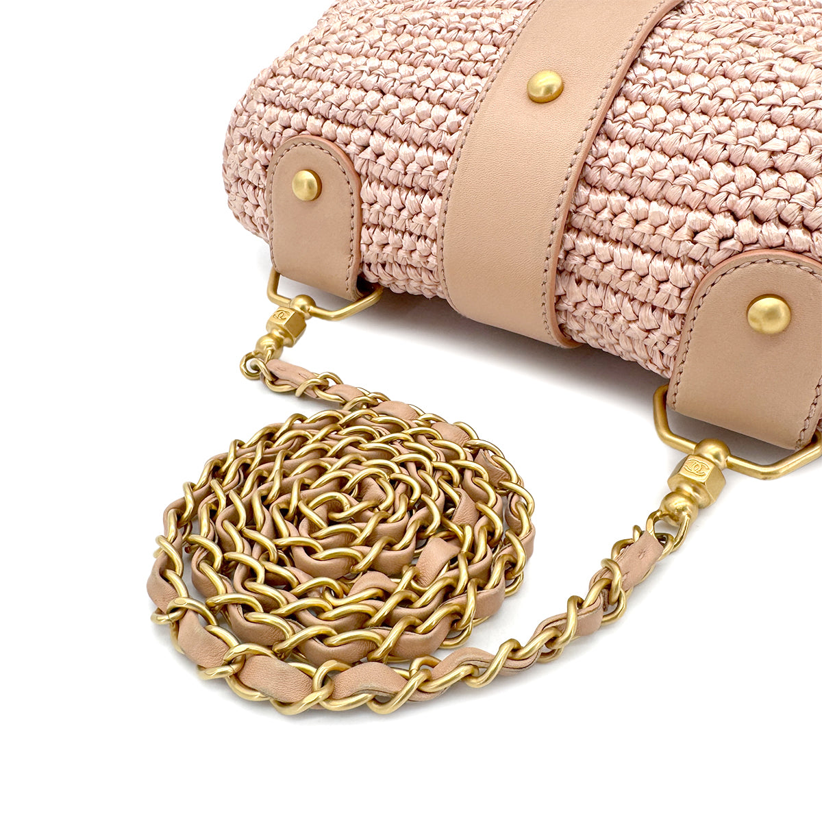 CHANEL VINTAGE COCOMARK HALF MOON RAFFIA CHAIN SHOULDER BAG PINK STRAW 90285129