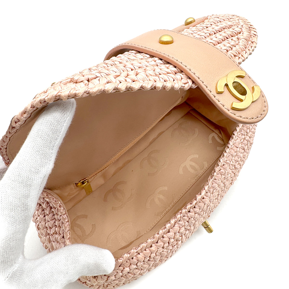 CHANEL VINTAGE COCOMARK HALF MOON RAFFIA CHAIN SHOULDER BAG PINK STRAW 90285129