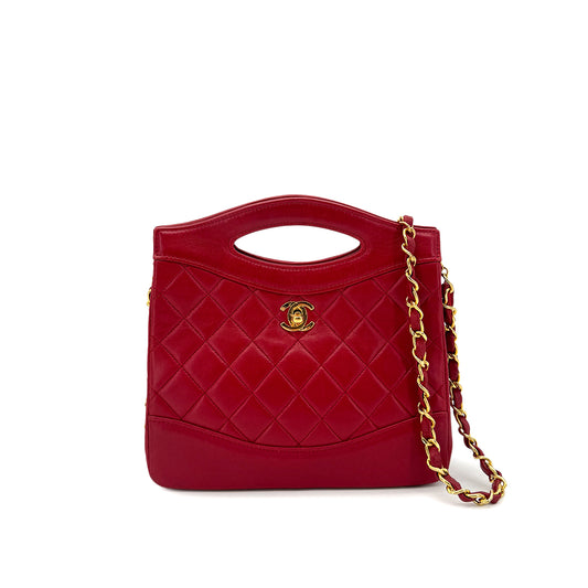 CHANEL VINTAGE 2WAY HAND CHAIN SHOULDER BAG RED LAMB SKIN 90285147