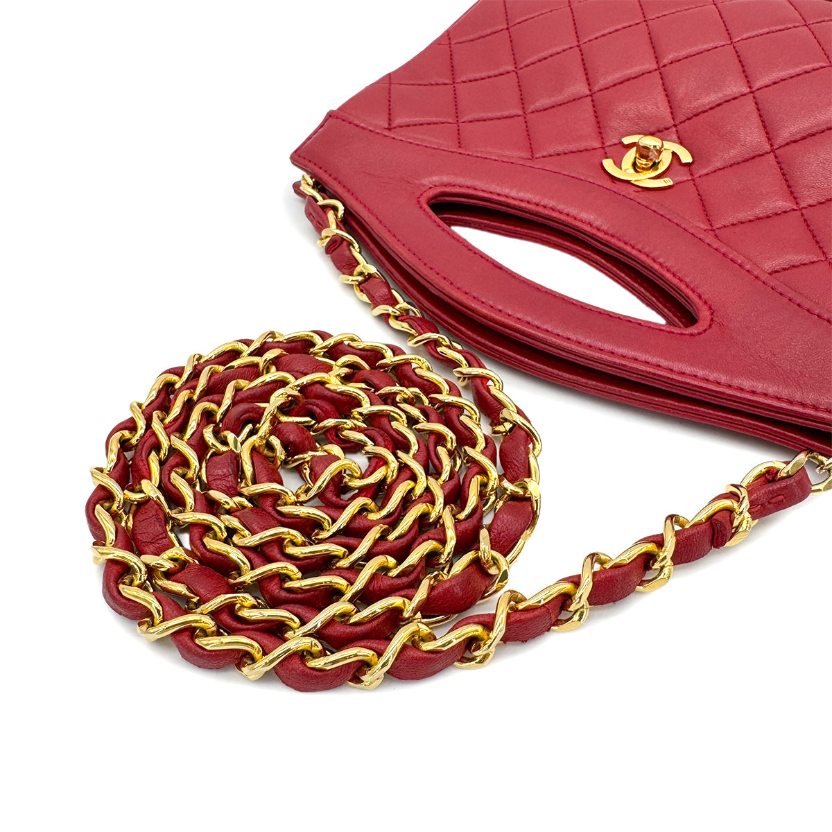 CHANEL VINTAGE 2WAY HAND CHAIN SHOULDER BAG RED LAMB SKIN 90285147