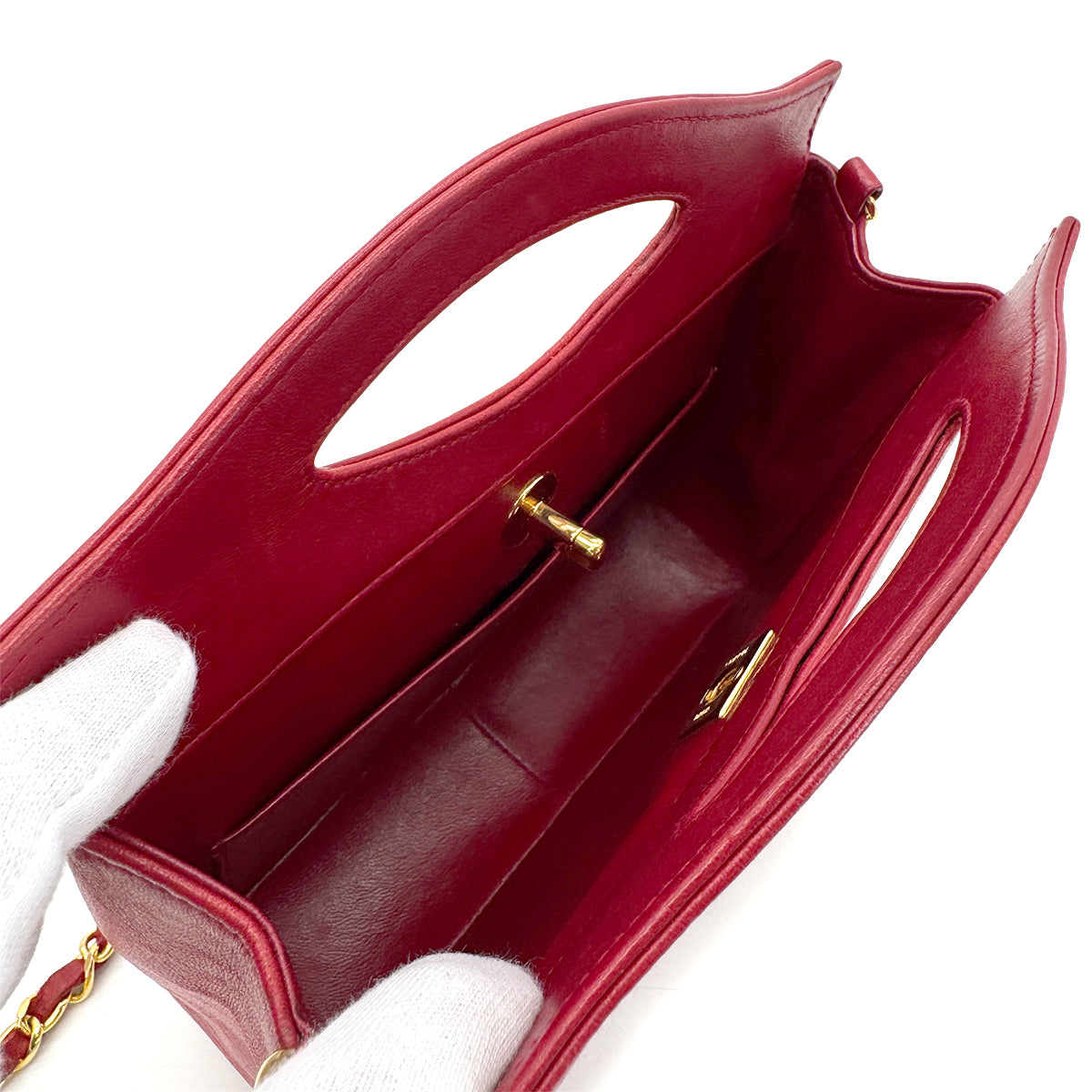 CHANEL VINTAGE 2WAY HAND CHAIN SHOULDER BAG RED LAMB SKIN 90285147