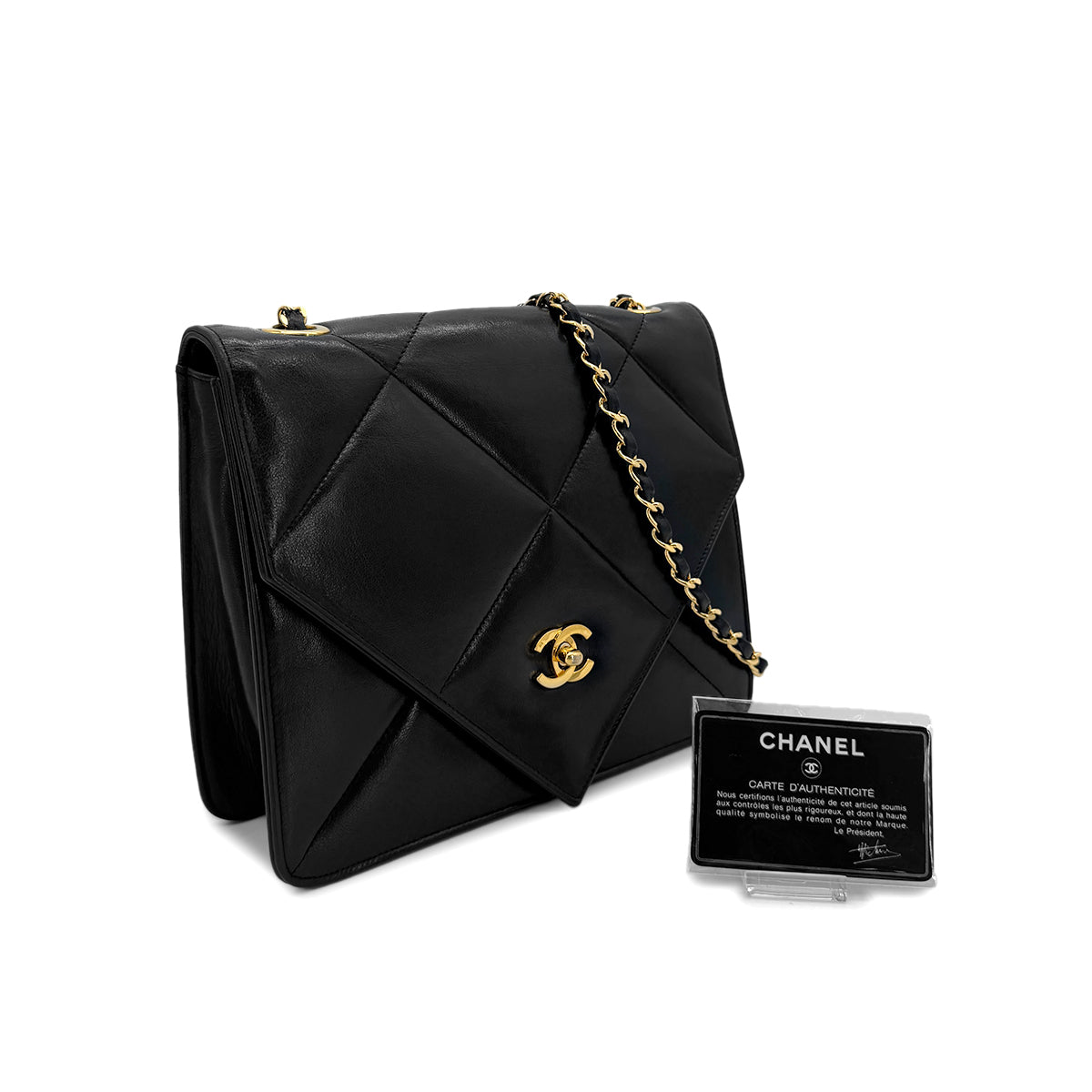 CHANEL VINTAGE MATELASSE TURNLOCK CHAIN SHOULDER BAG BLACK LAMB SKIN 90285151