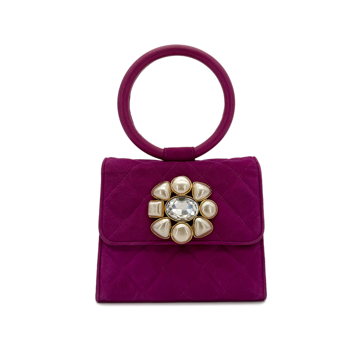 CHANEL VINTAGE MATELASSE BIJOU RHINESTONE FAUX PEARL HAND BAG PURPLE SUEDE 90285197