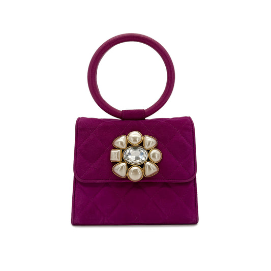 CHANEL VINTAGE MATELASSE BIJOU RHINESTONE FAUX PEARL HAND BAG PURPLE SUEDE 90285197