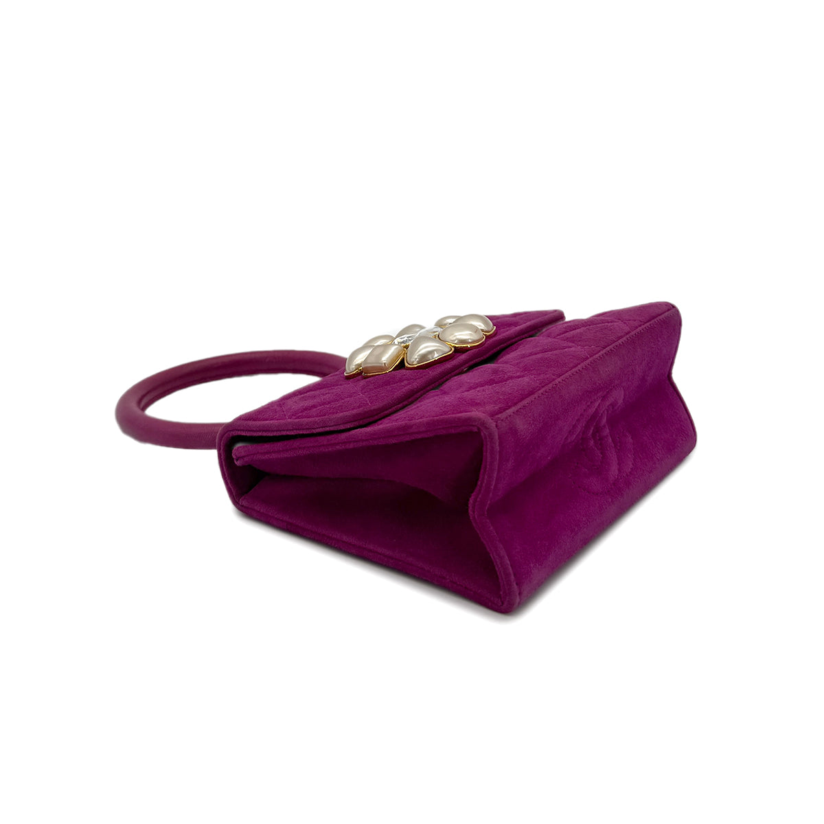 CHANEL VINTAGE MATELASSE BIJOU RHINESTONE FAUX PEARL HAND BAG PURPLE SUEDE 90285197