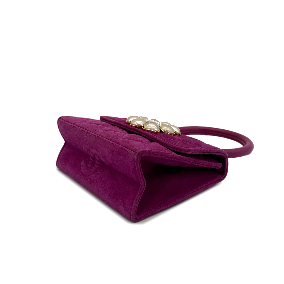 CHANEL VINTAGE MATELASSE BIJOU RHINESTONE FAUX PEARL HAND BAG PURPLE SUEDE 90285197