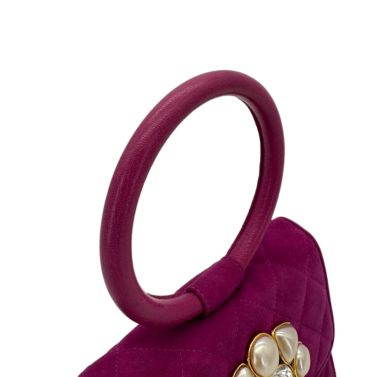 CHANEL VINTAGE MATELASSE BIJOU RHINESTONE FAUX PEARL HAND BAG PURPLE SUEDE 90285197