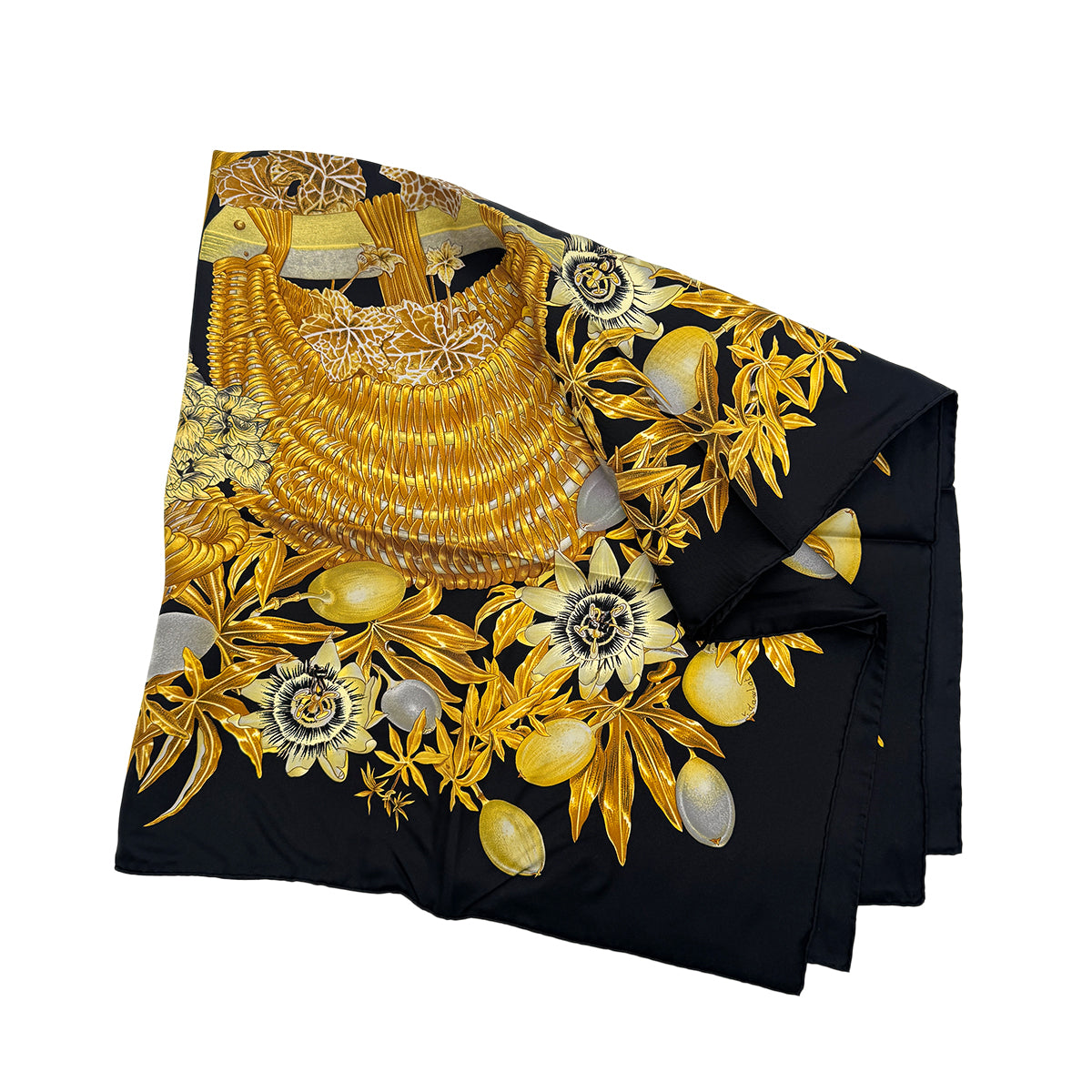 HERMES CARRE 90 PASSIFLORES SCARF SILK BLACK YELLOW 90285382