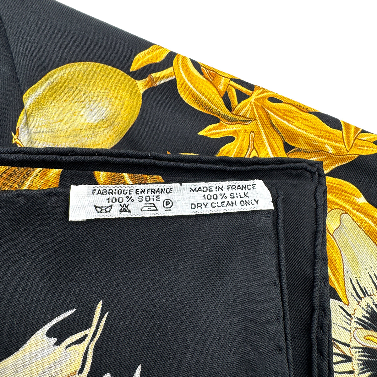 HERMES CARRE 90 PASSIFLORES SCARF SILK BLACK YELLOW 90285382