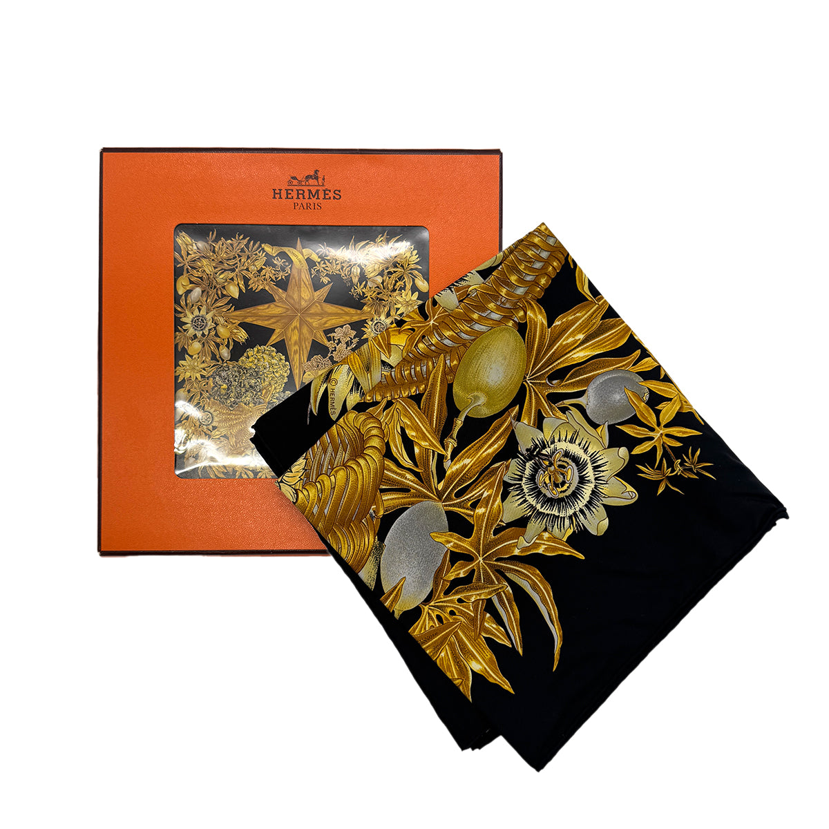 HERMES CARRE 90 PASSIFLORES SCARF SILK BLACK YELLOW 90285382