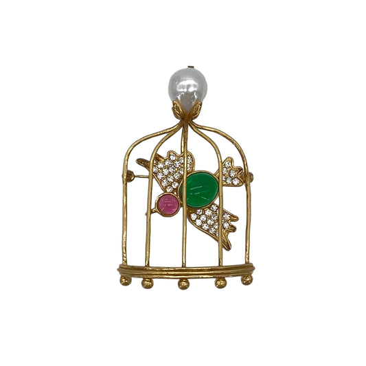 CHANEL VINTAGE BROOCH BIRDCAGE FAKEPEARL RHINESTONE COLOR STONE ACCESSORY 29 90285383