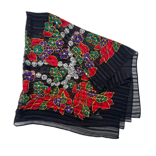 CHANEL VINTAGE SCARF STRIPE FLOWER MULTICOLOR SILK 90285389