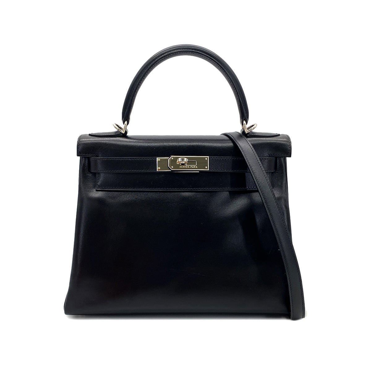 HERMES KELLY 28 RETOURNE BLACK BOXCALF HAND SHOULDER BAG □G SHW 90285750