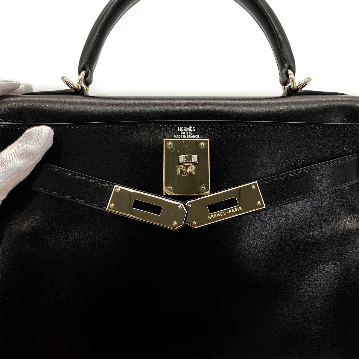 HERMES KELLY 28 RETOURNE BLACK BOXCALF HAND SHOULDER BAG □G SHW 90285750