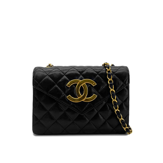 CHANEL VINTAGE MATELASSE BIG COCO CHAIN SHOULDER BAG BLACK LAMB SKIN 90285755