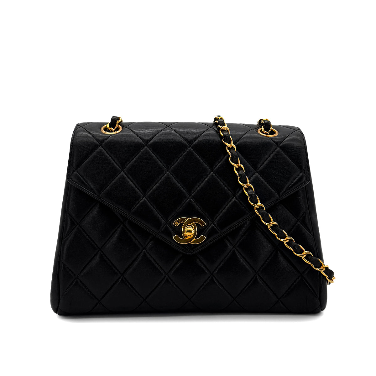 CHANEL VINTAGE MATELASSE TRAPEZOID CHAIN SHOULDER BAG BLACK LAMB SKIN 90285758