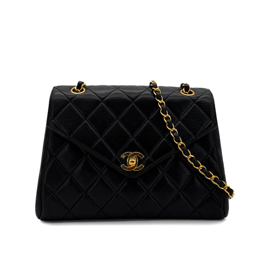 CHANEL VINTAGE MATELASSE TRAPEZOID CHAIN SHOULDER BAG BLACK LAMB SKIN 90285758