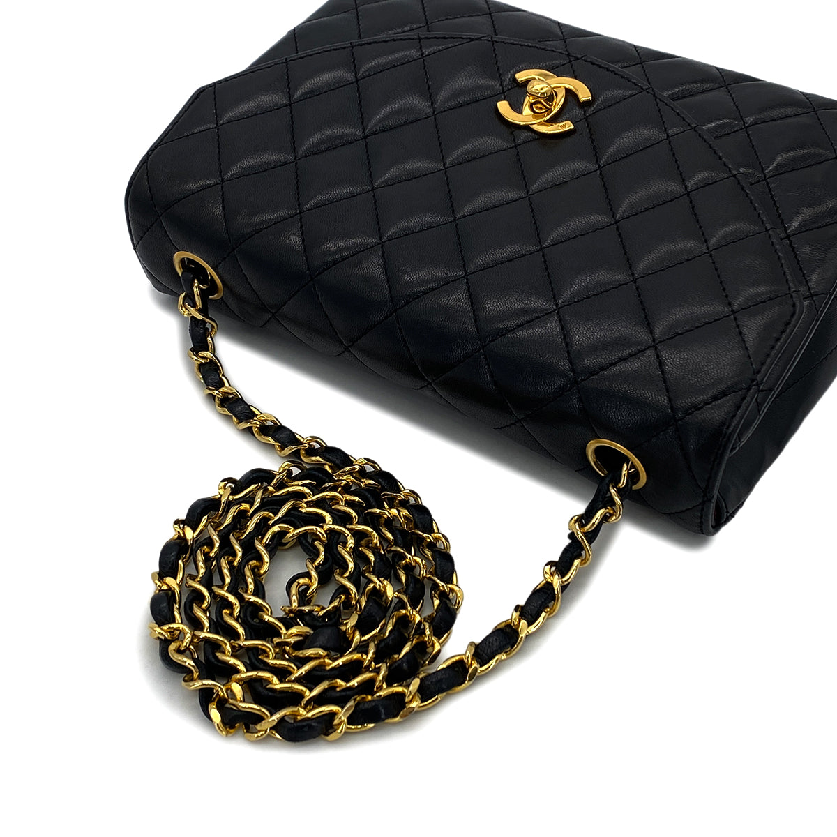 CHANEL VINTAGE MATELASSE HALF MOON CHAIN SHOULDER BAG BLACK LAMB SKIN 90285913