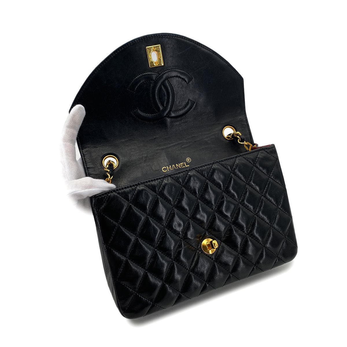 CHANEL VINTAGE MATELASSE HALF MOON CHAIN SHOULDER BAG BLACK LAMB SKIN 90285913