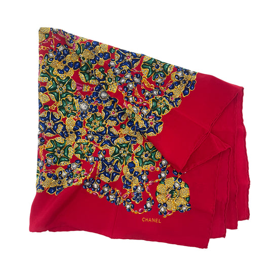 CHANEL VINTAGE SCARF GRIPOA PATTERN RED SILK 90285916