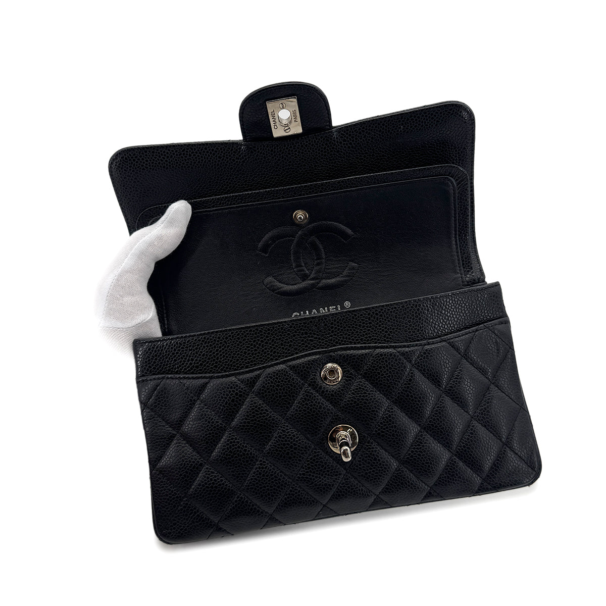 CHANEL CLASSIC FLAP SMALL CHAIN SHOULDER BAG BLACK CAVIAR SKIN 90285926