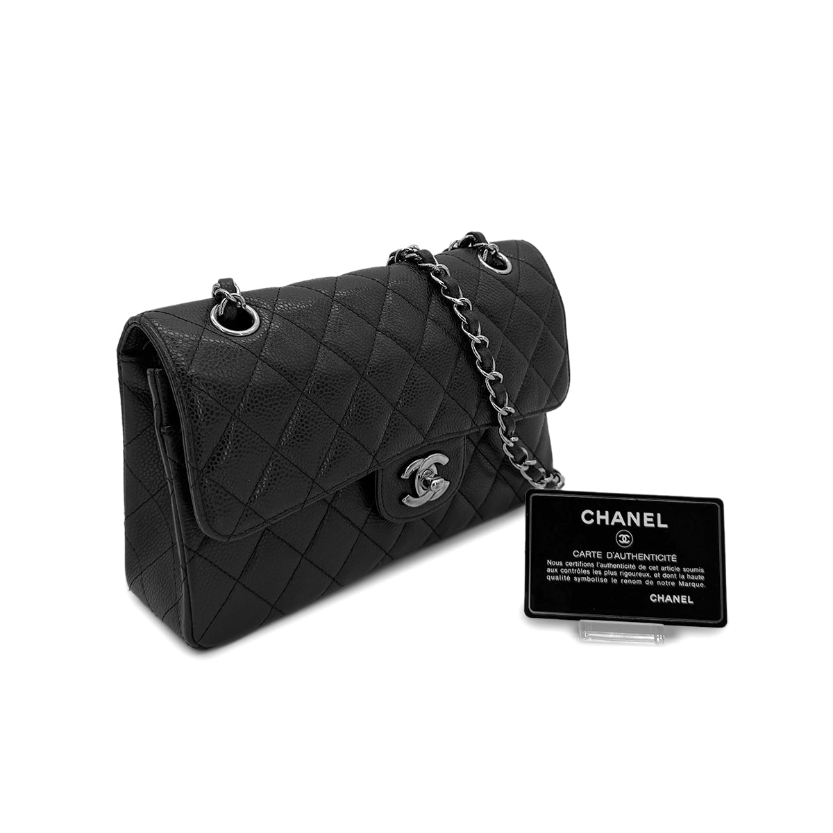 CHANEL CLASSIC FLAP SMALL CHAIN SHOULDER BAG BLACK CAVIAR SKIN 90285926