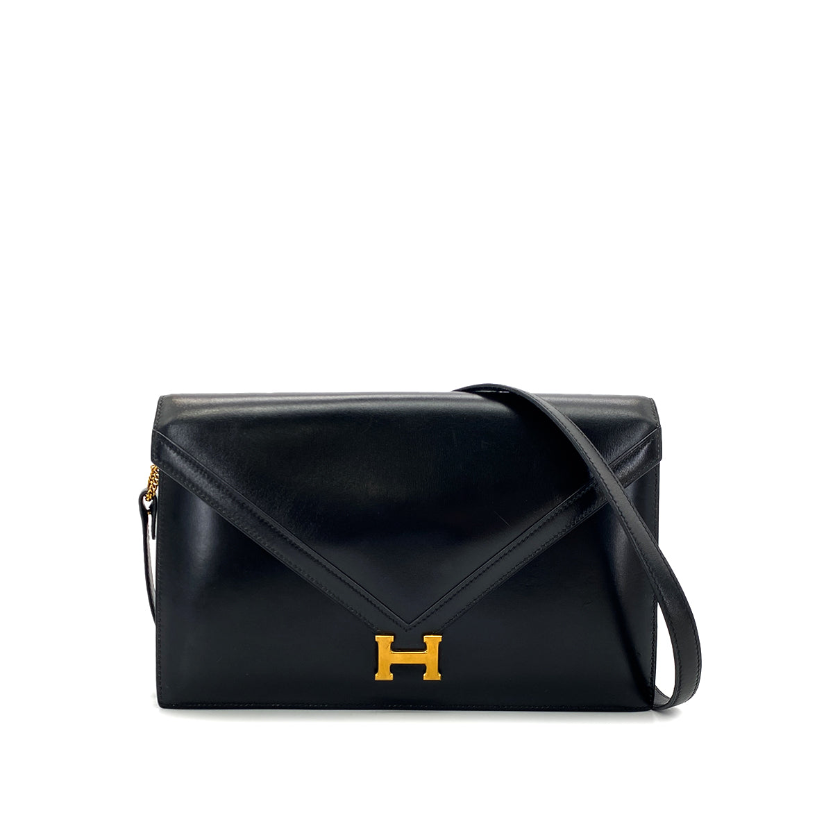 HERMES LYDIE BLACK CLUTCH SHOULDER BAG BOXCALF 〇S 90285936