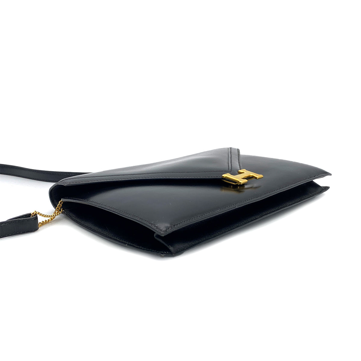 HERMES LYDIE BLACK CLUTCH SHOULDER BAG BOXCALF 〇S 90285936
