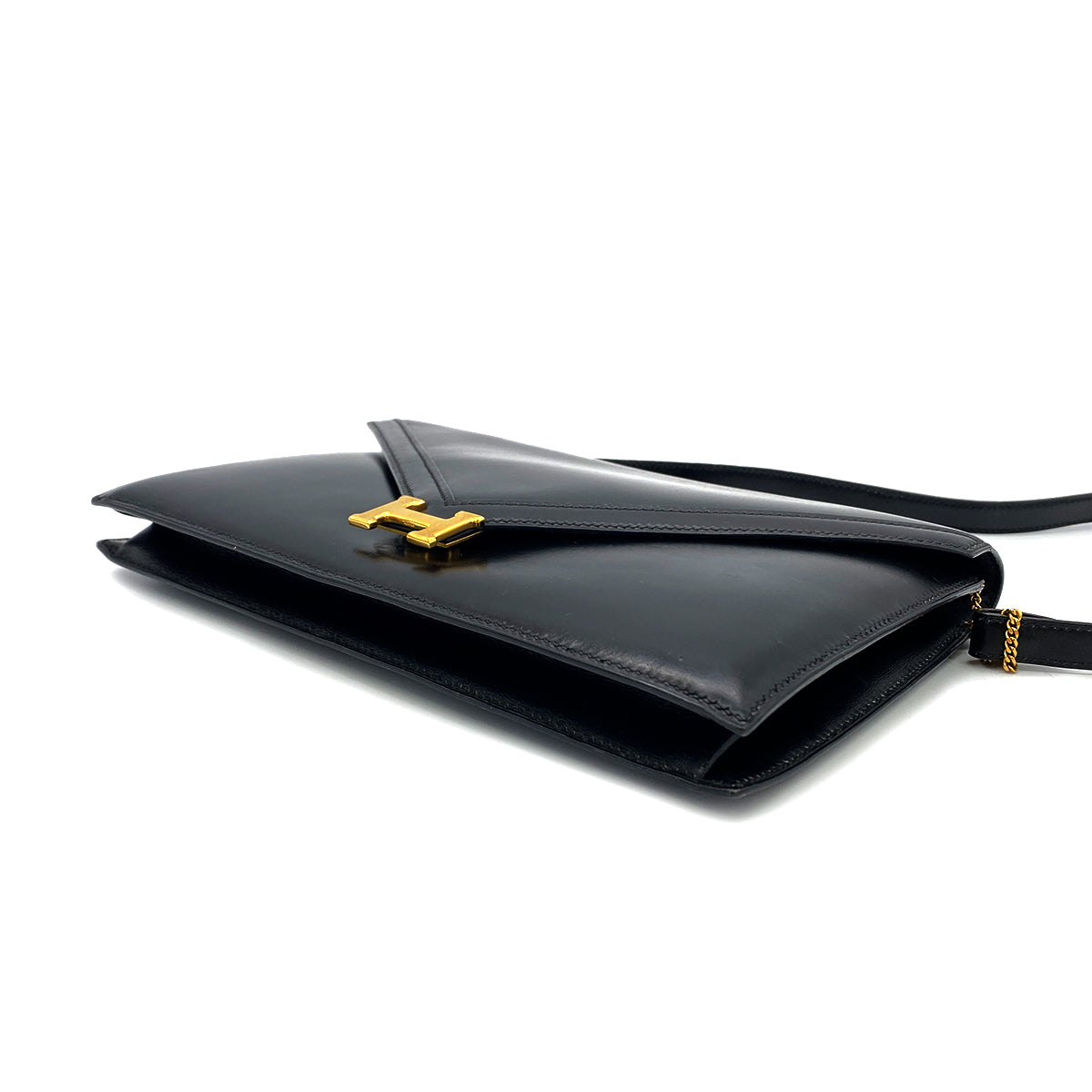 HERMES LYDIE BLACK CLUTCH SHOULDER BAG BOXCALF 〇S 90285936