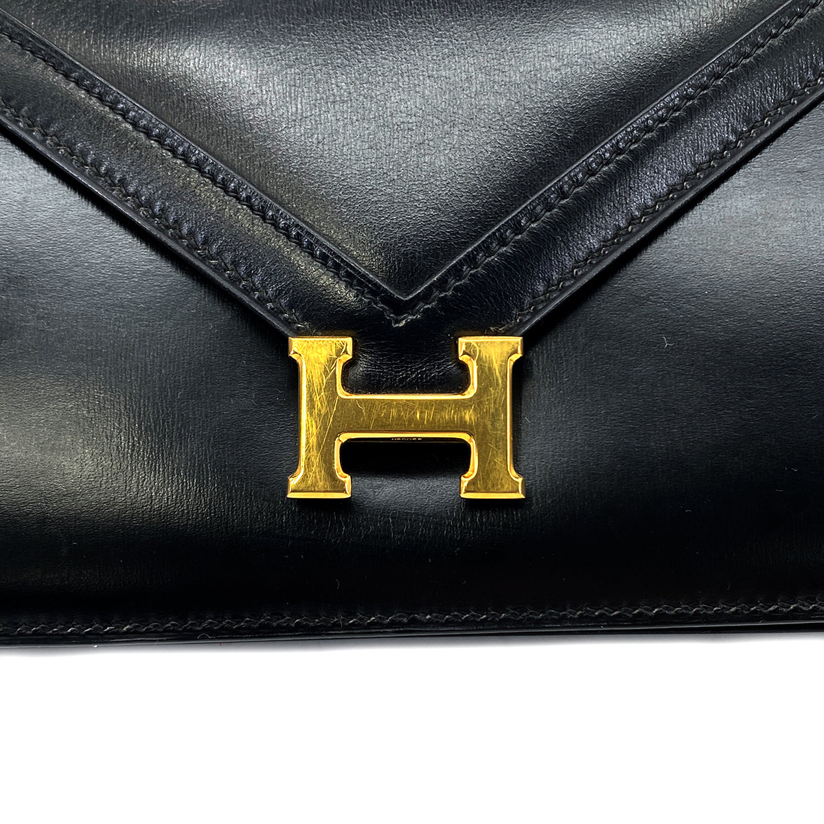 HERMES LYDIE BLACK CLUTCH SHOULDER BAG BOXCALF 〇S 90285936