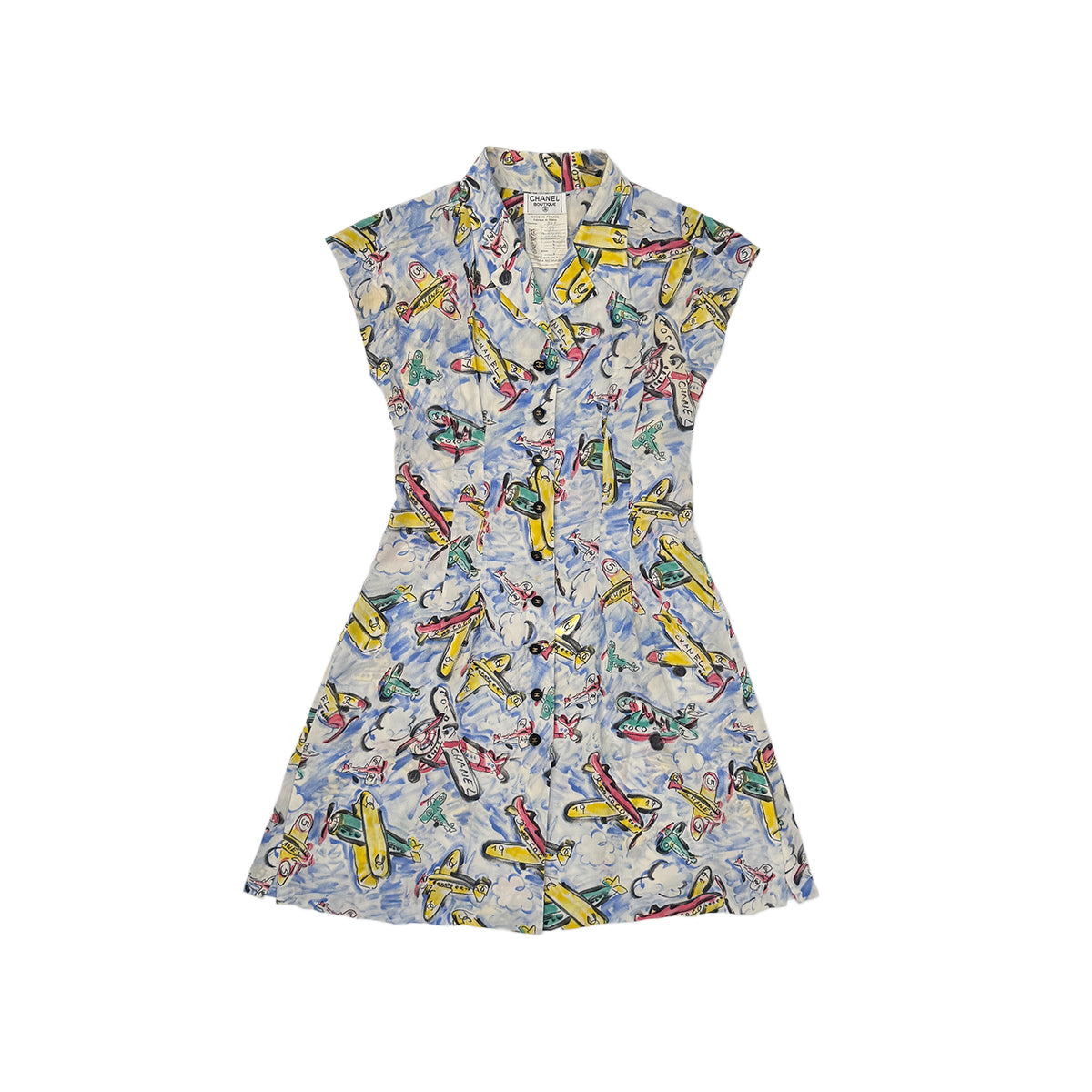 CHANEL COCO BUTTON AIRPLANE PATTERN DRESS 94SS RUNWAY COLLECTION MULTICOLOR SILK 38 94P RTW 90285954