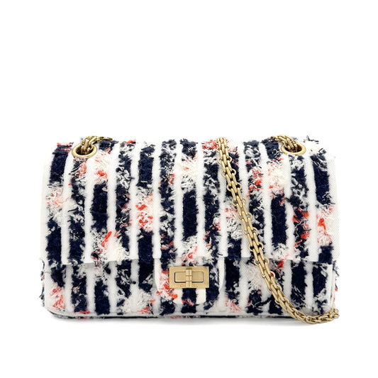 CHANEL REISSUE 2.55 STRIPE PATTERN CHAIN SHOULDER BAG MULTICOLOR TWEED 90286023